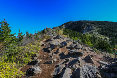 Scenic view of rocky mountains against clear blue sky