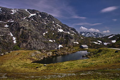 Scenic view of lake by snowcapped mountains against sky