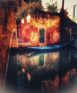 Reflection of building on glass window