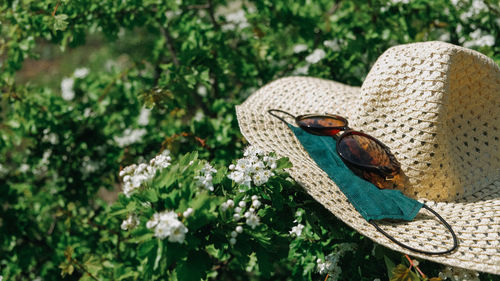 Staycations, hyper-local travel, family outing, new normal concept. straw hat, sunglasses 