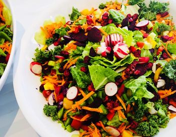 High angle view of chopped vegetables in bowl