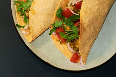 High angle view of food in plate