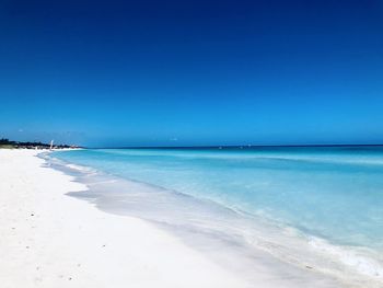 Scenic view of beach against clear blue sky