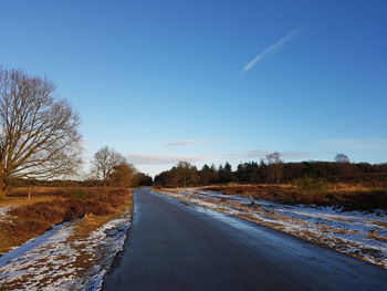 Road amidst bare trees against blue sky