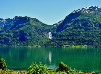 Scenic view of lake and mountains against sky