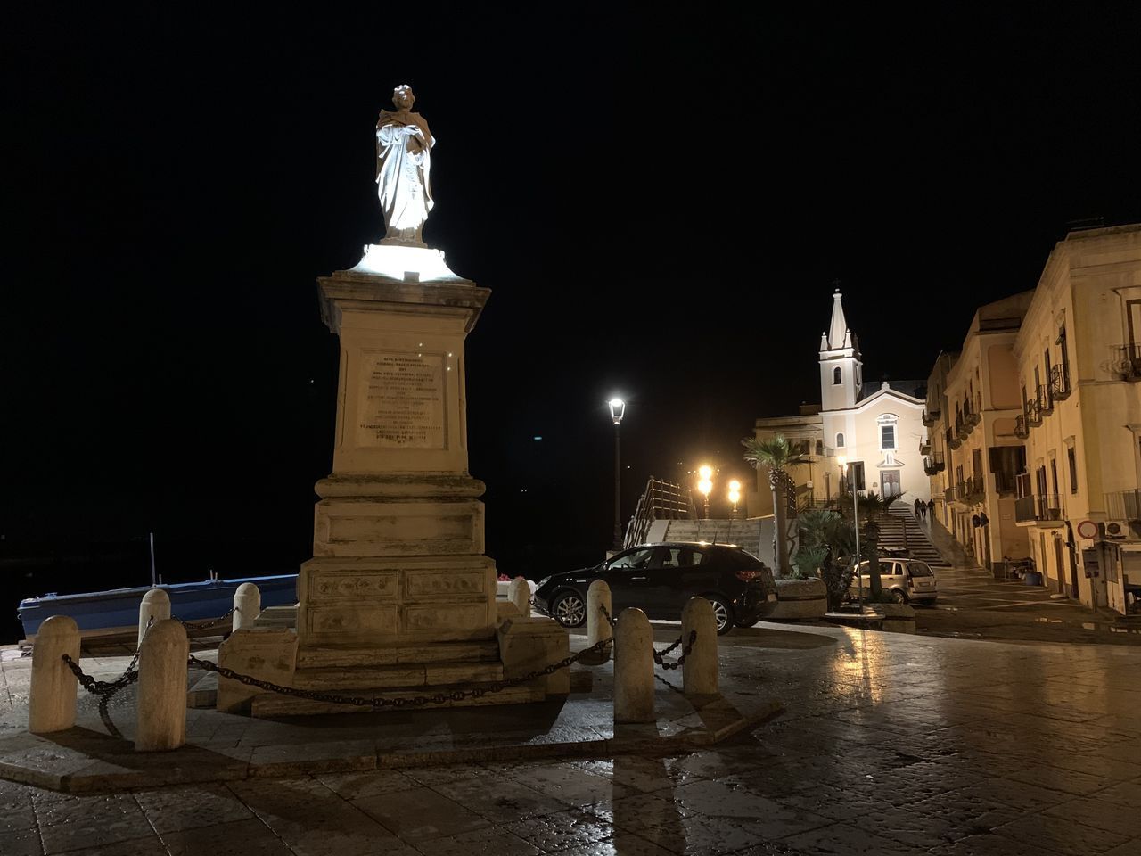 STATUE IN CITY AT NIGHT