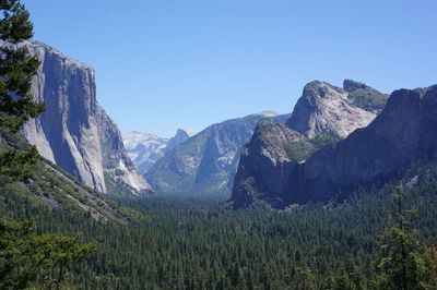 Scenic view of mountain range against blue sky