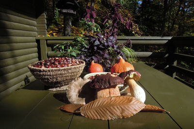 Close-up of fruits in basket on table