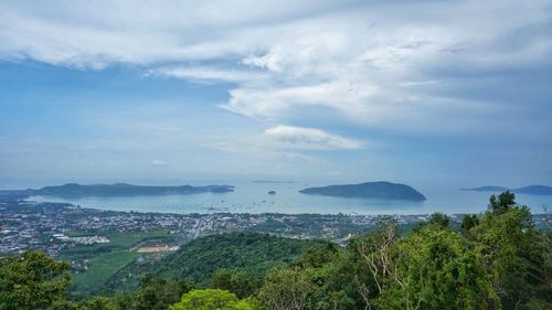 High angle view of trees on landscape against sky