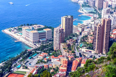 High angle view of buildings in city