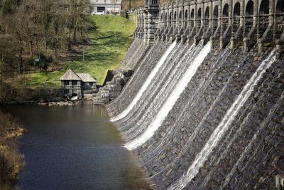 Scenic view of dam by canal