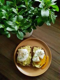 High angle view of breakfast served on table