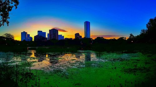 City skyline at sunset