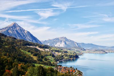 Scenic view of lake and mountains against sky