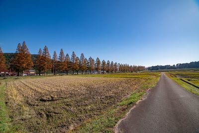 Road amidst field against clear blue sky