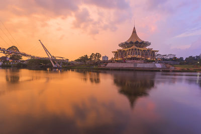 Reflection of temple in river during sunset