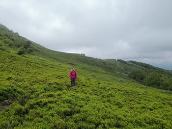 Rear view of person on field against sky