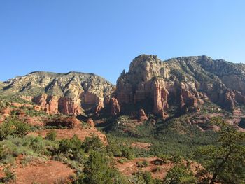 Sedona rock formations on landscape against clear sky