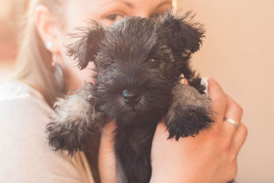 Close-up of woman holding black puppy