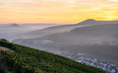 Scenic view of mountains against sky during sunset