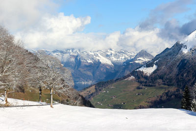 Scenic view of snowcapped mountains against sky