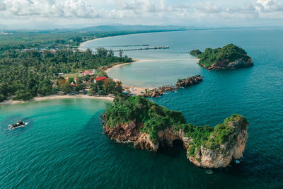 High angle view of bay against sky