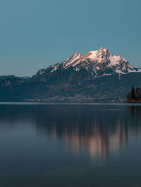 Scenic view of lake by snowcapped mountains against clear sky