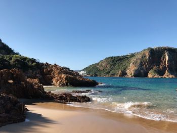 Scenic view of sea against clear blue sky