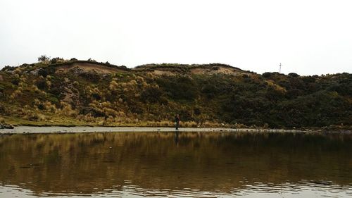 Scenic view of lake by trees against clear sky