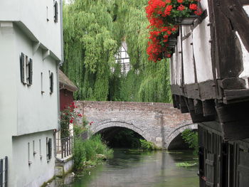 Arch bridge over canal amidst buildings