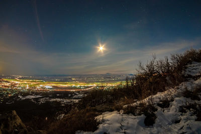 Scenic view of snowcapped landscape against sky at night