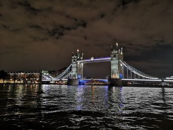 Illuminated bridge over river at night