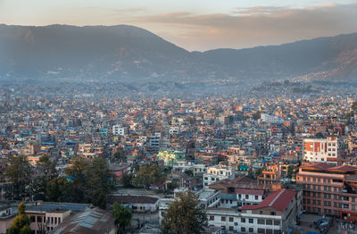 High angle shot of townscape against sky