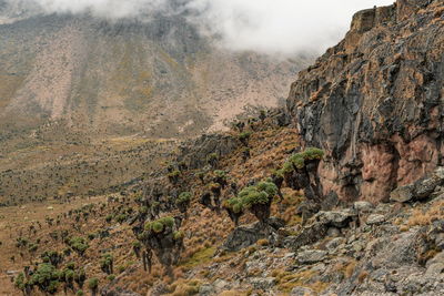 Scenic volcanic rock formations against sky, mount kenya national park, kenya