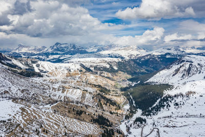 Aerial view of snowcapped mountains against sky