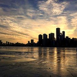 City skyline at sunset