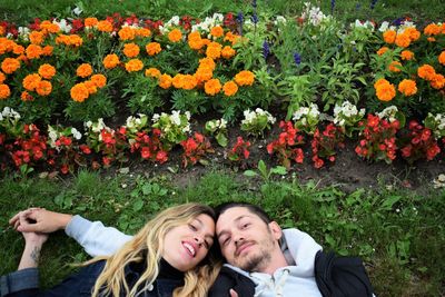 High angle portrait of smiling couple lying by flowers on field