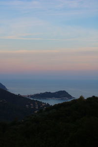 High angle view of landscape against sky during sunset