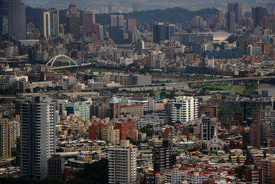 High angle view of modern buildings in city