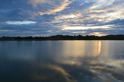 Scenic view of lake against sky at sunset