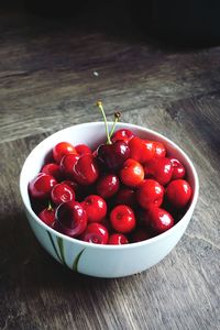 High angle view of cherries in bowl on table