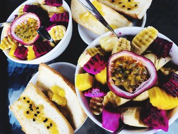 High angle view of food served on table