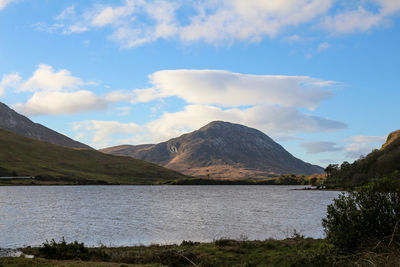 Scenic view of lake and mountains against sky