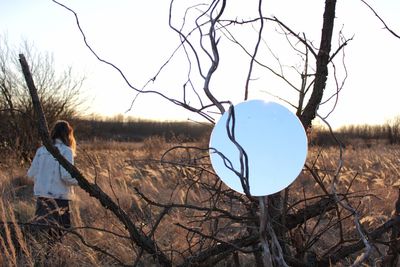 Bare trees on field against sky