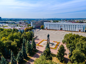 High angle view of cityscape against sky