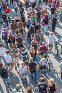 High angle view of people standing outdoors