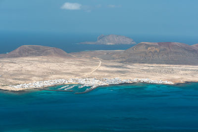 Aerial view of sea and mountain against sky