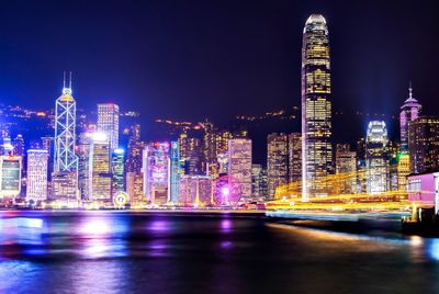 Illuminated buildings against sky at night