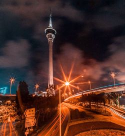 Light trails on road at night