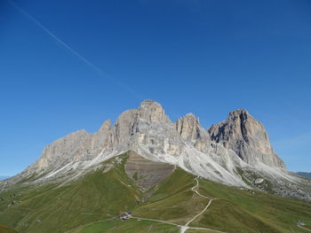 Low angle view of mountain range against clear blue sky
